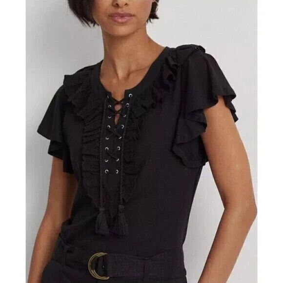 Lauren Ralph Lauren Womens Sz Small Ruffle-Trim Lace-Up Jet Black Top - Picture 11 of 11